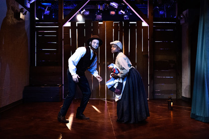 Production still for previous season of "Underground Railroad Game". L-R: Scott R. Sheppard, Jennifer Kidwell. Photographer: Ben Arons