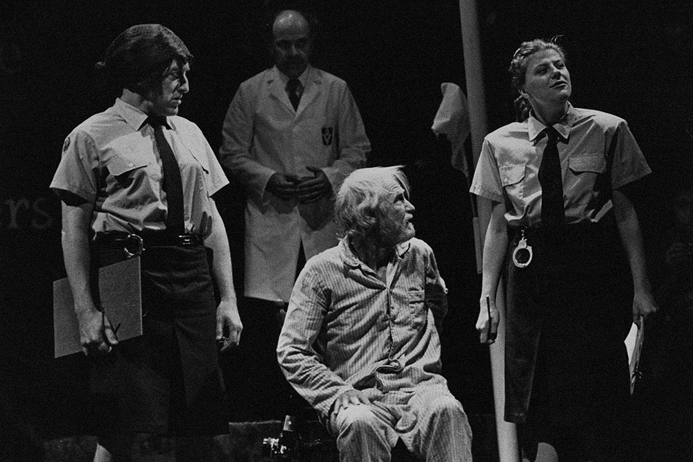 Production still for "Royboys": L-R: Robert Perrier, Phil Sumner (rear), Edward Hepple, Lynda Gibson. Photographer: Jeff Busby