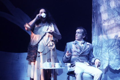 Production still for "Yanagai! Yanagai!". L-R: Lisa Maza, David Adamson. Photographer: Ponch Hawkes