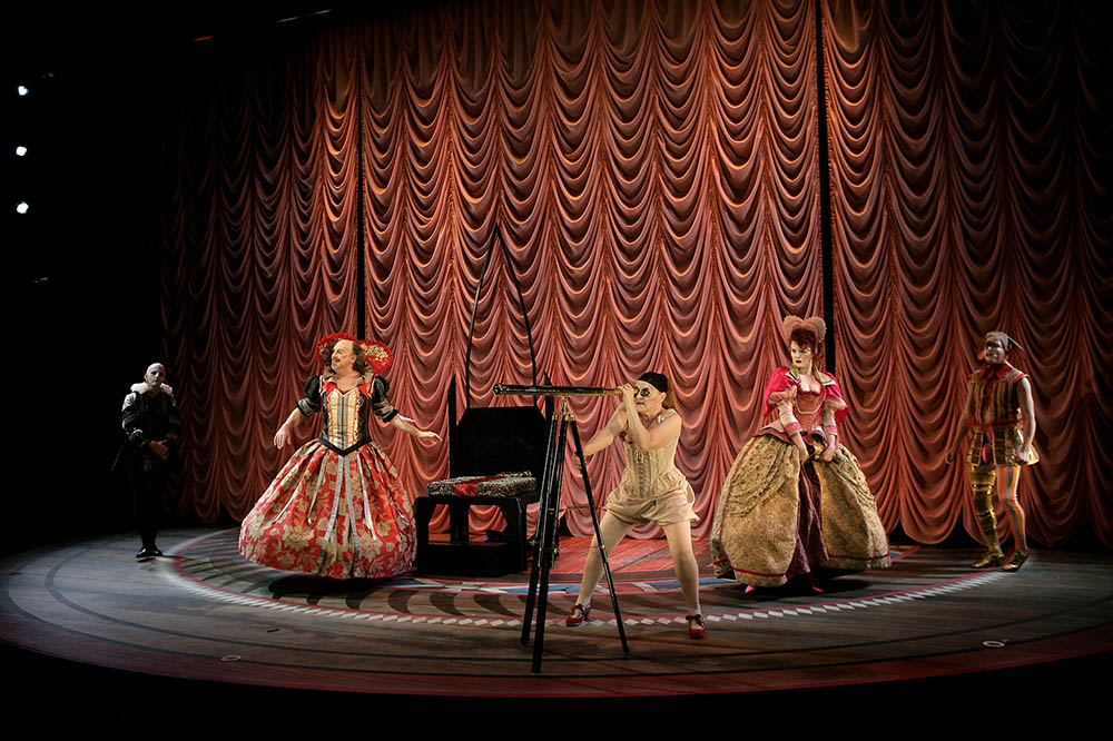 Production still for "Elizabeth, Almost by Chance a Woman". L-R: David Woods as Egerton, Bille Brown as Lady Donna Grozetta, Julie Forsyth as Elizabeth, Nikki Shiels as Martha, Chris Ryan as Thomas. Photographer: Jeff Busby 