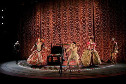 Production still for "Elizabeth, Almost by Chance a Woman". L-R: David Woods as Egerton, Bille Brown as Lady Donna Grozetta, Julie Forsyth as Elizabeth, Nikki Shiels as Martha, Chris Ryan as Thomas. Photographer: Jeff Busby 