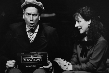 Production still for "A Dickins' Christmas". L-R: Neill Gladwin as Young Jack, Fay Bendrups as Emily. Photographer: Jeff Busby