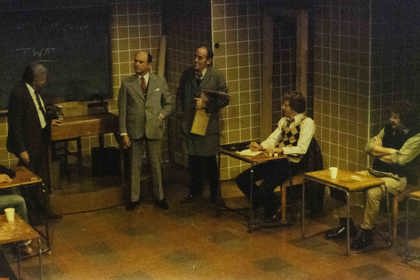 Production still for "Comedians". L-R: Charles 'Bud' Tingwell, ?, Cliff Ellen, ?, John Wood.  Photographer: Jeff Busby