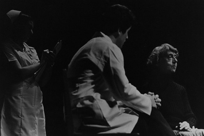 Production still for "Wings". L-R: Suzanne Baron as the Nurse, Joe Spano as Dr Rogers, Patricia Kennedy as Amy. Photographer: Jeff Busby