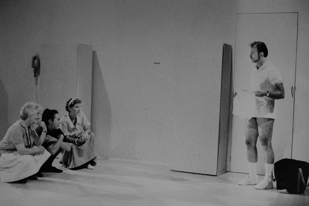 Production still for "Room to Move". L-R: Margaret Ricketts, Carolyn (Caz) Howard, Anna McCrossin-Owen, Merfyn Owen. Photographer: David B. Simmonds