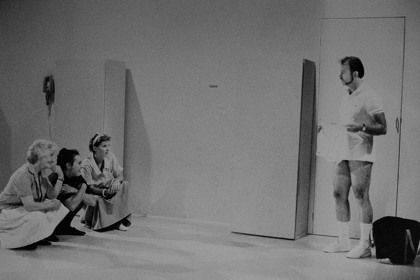 Production still for "Room to Move". L-R: Margaret Ricketts, Carolyn (Caz) Howard, Anna McCrossin-Owen, Merfyn Owen. Photographer: David B. Simmonds