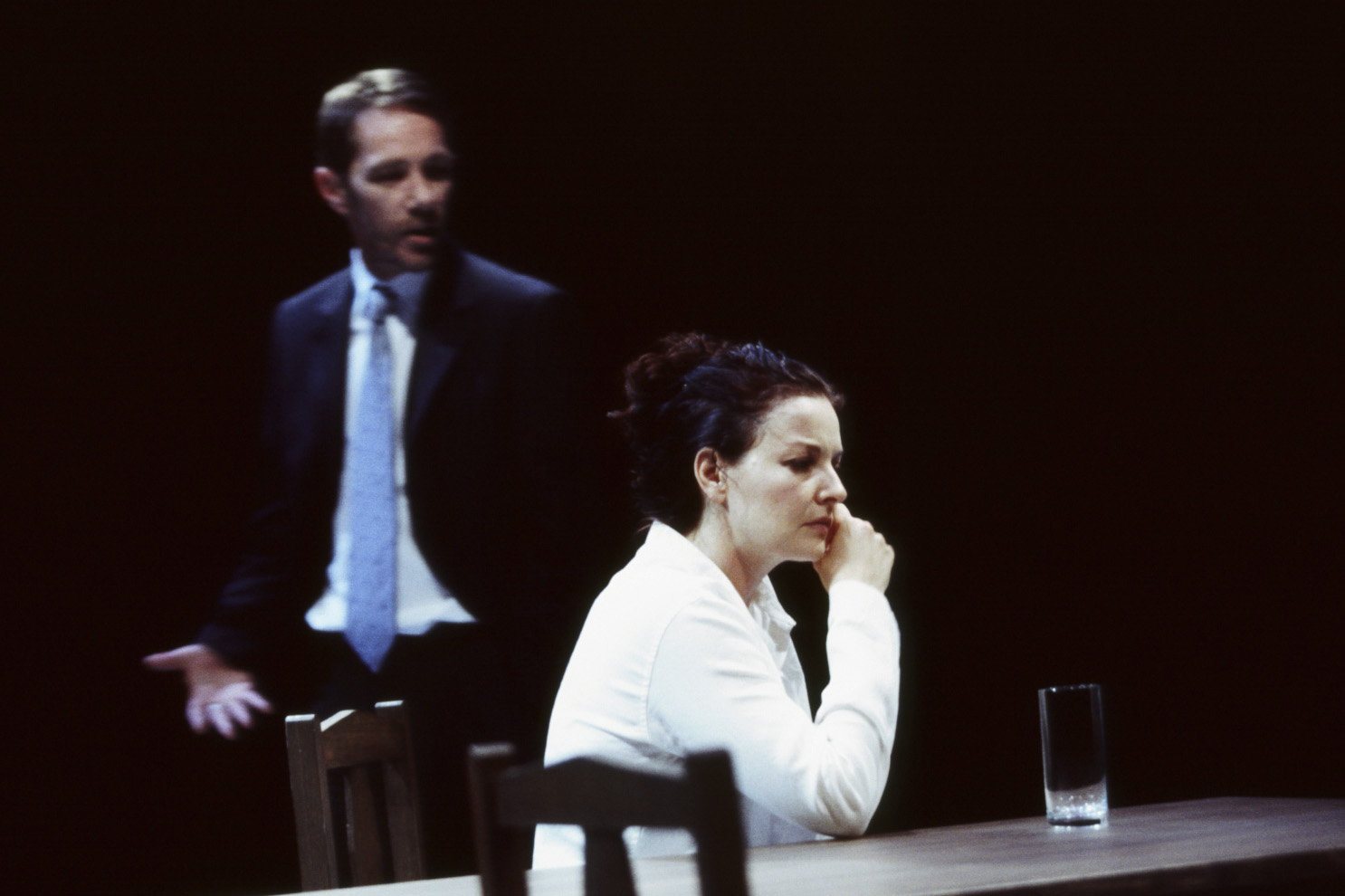 Production still for "The Simple Truth". L-R: Kim Gyngell as Hirst, Josephine Byrnes as Sarah. Photographer: Jeff Busby