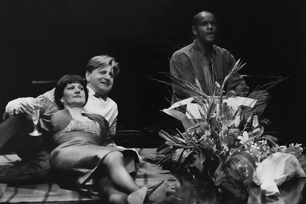 Production still for "Burning Time". L-R: Vivienne Garrett as Mary Cavanagh, Robert Grubb as Peter Davidson, Tony Briggs as David Bennett. Photographer: Jeff Busby