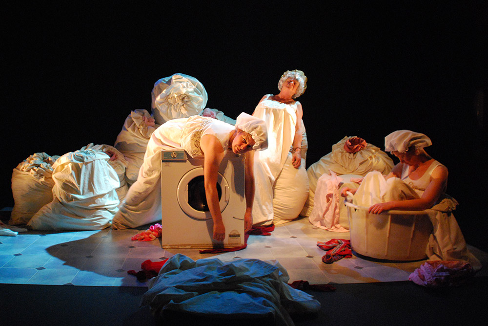 Production still for "Care Instructions". L-R: Jane Bayly, Liz Jones, Caroline Lee. Photographer: David Young