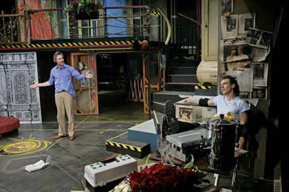 Production still for "A Commercial Farce". L-R: Peter Houghton, Luke Ryan. Photographer: Jeff Busby