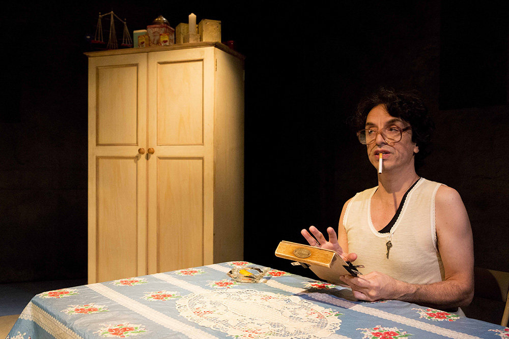 Production still for the Griffin Theatre season of "Angela's Kitchen". Paul Capsis. Photographer: Brett Boardman