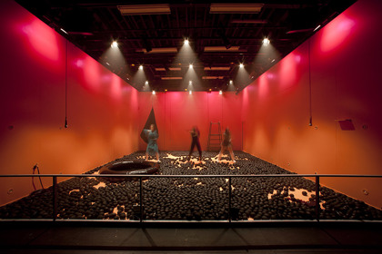 Production still for "Frankenstein". L-R: Dana Miltins, Mary Helen Sassman, Emily Milledge. Photographer: Guy Little