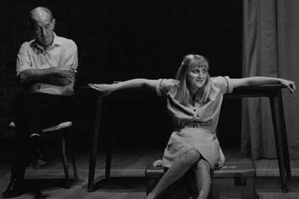 Production still for "Away". L-R: Cliff Ellen as Jim, Sally Cooper as Meg. Photographer: Jeff Busby