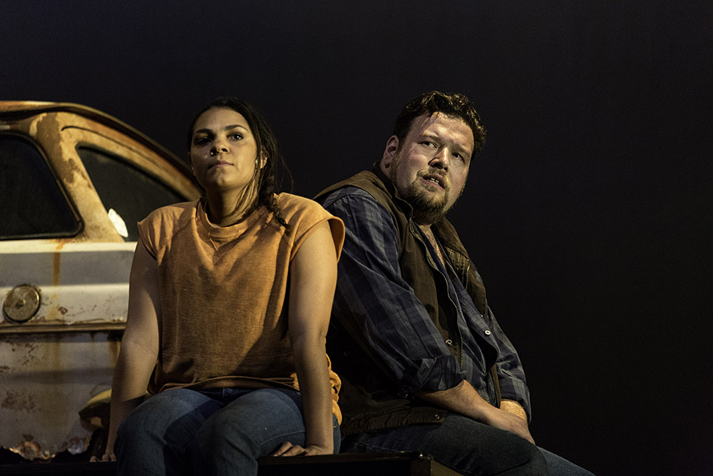 Production still for "Walking into the Bigness". L-R: Rarriwuy Hick, Tiriki Onus. Photographer: Pia Johnson