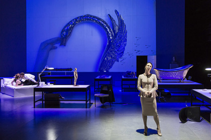 Production still for "Edward II". L-R: Johnny Carr as Ned, Paul Ashcroft as Piers, Belinda McClory as Sib. Photographer: Pia Johnson