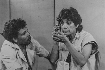 Production still for "State of Shock". Ernie Dingo, Lynette Narkle. Photographer: Unknown