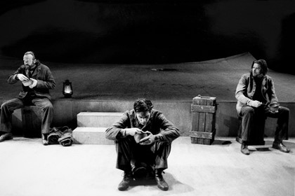 Production still for "Holy Day". L-R: Dino Marnika as Goundry, Cameron Goodall as Cornelius, Peter Docker as Epstein. Photographer: David Wilson