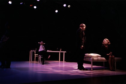 Production still for "Julia 3". L-R: Todd MacDonald as Charlie, Greg Stone as Joe, Peter Curtin as Leon, Kate Fitzpatrick as Julia. Photographer: Unknown