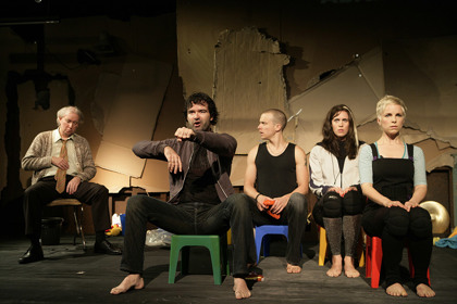 Production still for "OT: Chronicles of the Old Testament". L-R: Peter Snow, Phillip McInnes, Luke Ryan, Katherine Tonkin, Amelia Best. Photographer: Jeff Busby
