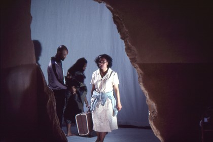 Production still for "Stolen" (1998). L-R: Tony Briggs as Jimmy, Pauline Whyman as Shirley, Kylie Belling as Ruby. Photographer: Unknown