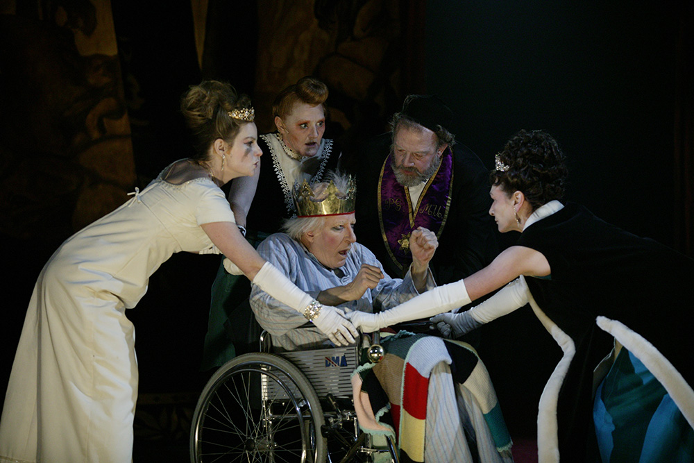 Production still for "Exit the King". L-R: Rebecca Massey, Julie Forsyth, Geoffrey Rush, Bille Brown, Gillian Jones. Photographer: Lisa Tomasetti