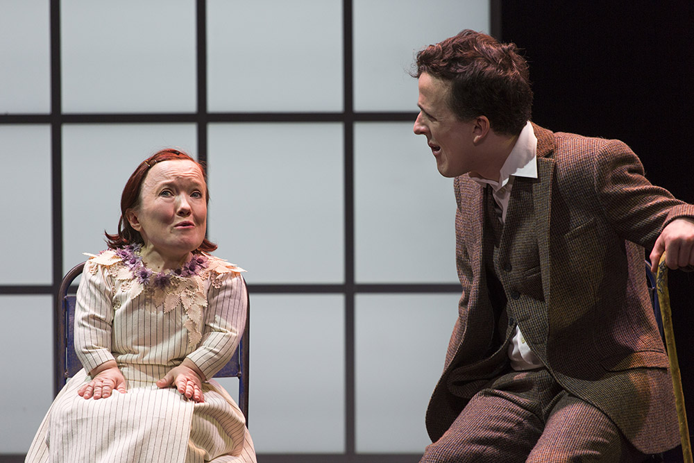 Production still for "The Real and Imagined History of the Elephant Man". L-R: Emma J Hawkins, Daniel Monks. Photographer: Pia Johnson