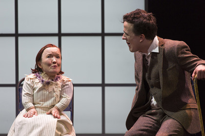 Production still for "The Real and Imagined History of the Elephant Man". L-R: Emma J Hawkins, Daniel Monks. Photographer: Pia Johnson