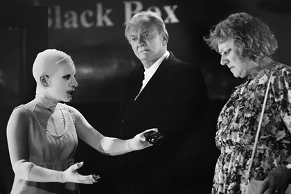 Production still for "Tear From a Glass Eye". L-R: Christen O'Leary as Iris, Bob Hornery as Stanley, Monica Maughan as Irene. Photographer: Jeff Busby