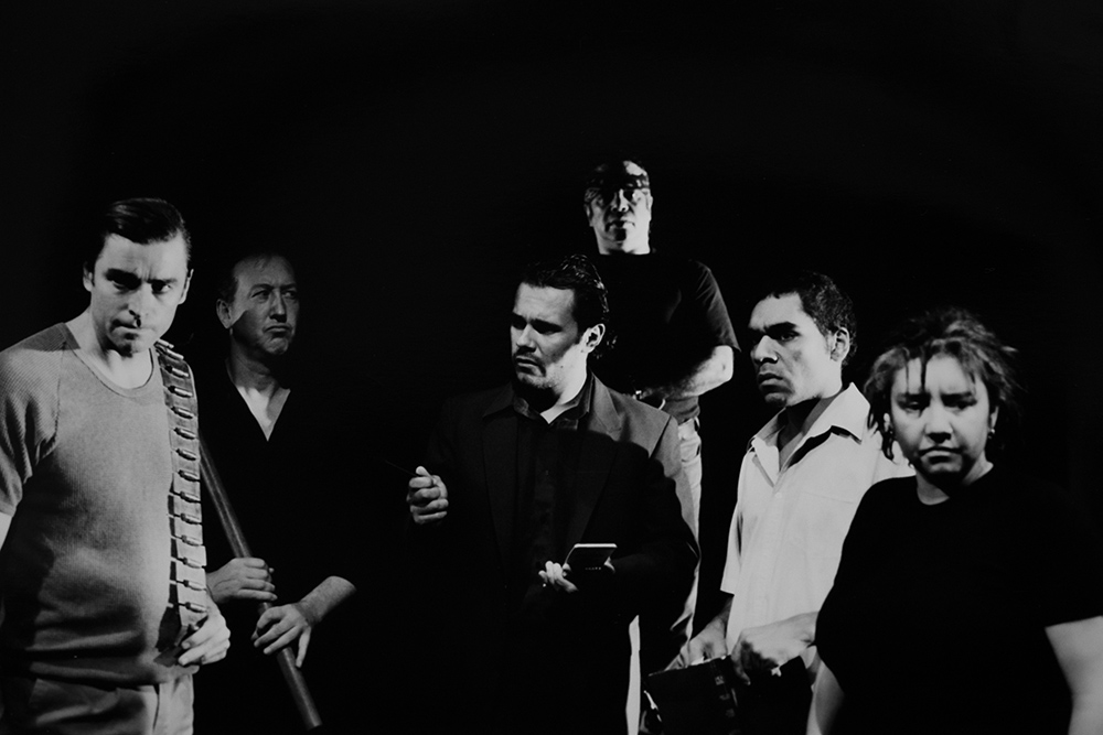 Production still for "Conversations with the Dead". L-R:Peter Docker, Andy Baylor, Aaron Pedersen, Brendan Murray, LeRoy Parsons, Lou Bennett. Photographer: Rachelle Roberts
