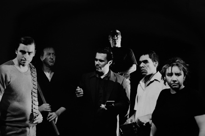 Production still for "Conversations with the Dead". L-R:Peter Docker, Andy Baylor, Aaron Pedersen, Brendan Murray, LeRoy Parsons, Lou Bennett. Photographer: Rachelle Roberts