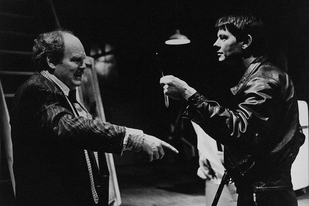 Production still for "Benny Wallis Meets His Maker". Malcolm Robertson as Benny Wallis, David Gray as Henry. Photographer: Jeff Busby