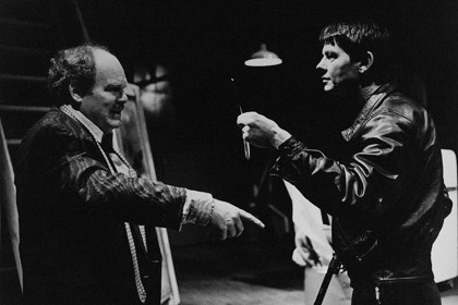 Production still for "Benny Wallis Meets His Maker". Malcolm Robertson as Benny Wallis, David Gray as Henry. Photographer: Jeff Busby