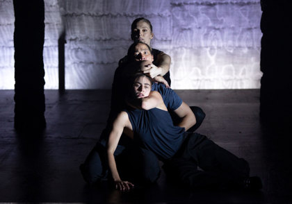 Production still for the 2022 Season of 'Monsters'. Top-Down: Samantha Hines, Kimball Wong, Josie Wiese. Photographer: Pia Johnson