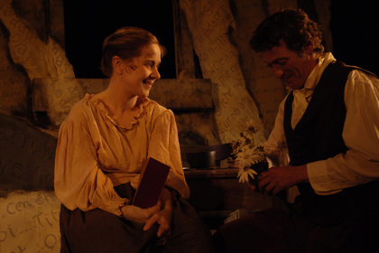 Production still for Adelaide production of "Translations". L-R: Michaela Cantwell as Sarah, Rory Walker as Manus. Photographer: Nick Hopton