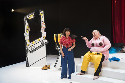 Production still for "Blaque Showgirls". L-R: Emi Canavan as Molly, Bessie Holland as Ginny Jones. Photographer: Pia Johnson 