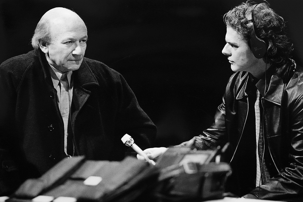 Production still for "Crazy Brave". L-R: Bruce Myles as Harold Hoffman, Paul English as Nick Feast. Photographer: Jeff Busby