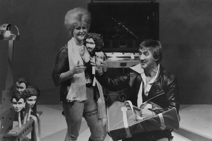 Production still for "Rock-Ola". L-R: Nano Nagle as Angel Sugar, Graeme Blundell as Pagliacci. Photographer: David Parker