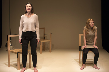 Production still for "They Saw a Thylacine". L-R: Sarah Hamilton, Justine Campbell. Photographer: Pia Johnson