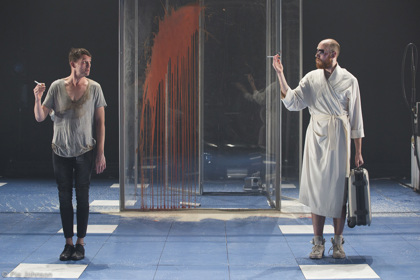 Production still for "The Good Person of Szechuan". L-R: Daniel Frederiksen, Josh Price. Photographer: Pia Johnson