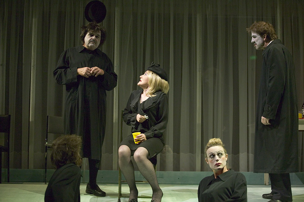 Production still for "The Ham Funeral". L-R: Matthew Whittet (seated), Ross Williams, Julie Forsyth, Marta Dusseldorp, Robert Menzies. Photographer: Lisa Tomasetti