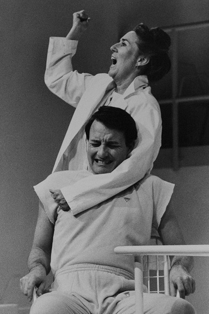 Production still for "Beyond Therapy". L-R: Maggie Blinco, John O'May. Photographer: Vikki Driscoll