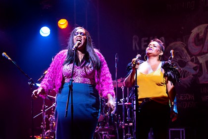 Production still for "Barbara and the Camp Dogs". L-R: Elaine Crombie, Ursula Yovich. Photographer: Pia Johnson