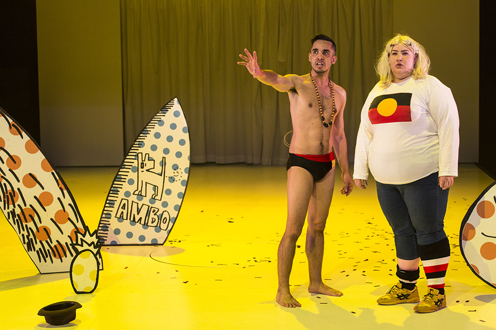 Production still for "Blaque Showgirls". L-R: Guy Simon, Bessie Holland as Ginny Jones. Photographer: Pia Johnson 