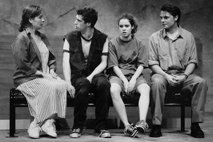 Production still for "Thieving Boy". L-R: Penelope Stewart as Jude, Torquil Neilson as Moxy, Kate Atkinson as Tracy, Stephen Pease as Tom. Photographer: Jim Hooper