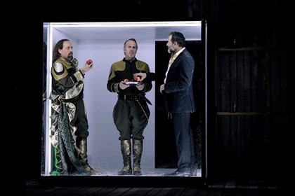 Production still for "A Golem Story". L-R: Mark Jones as the Emperor, Greg Stone as the Guard, Brian Lipson as the Rabbi. Photographer: Pia Johnson