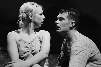 Production still for "Svetlana in Slingbacks". L-R: Miria Kostiuk as Svetlana, James Brennan. Photographer: Rachelle Roberts