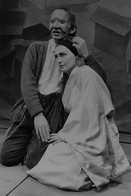 Publicity still for "Bertolt Brecht Leaves Los Angeles". L-R: William Zappa as Brecht, Lisa Waters as Butterfly. Photographer: Jeff Busby