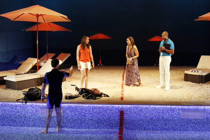 Production still for "Timeshare". L-R: Fayssal Bazzi, Brigid Gallacher, Marg Downey, Bert LaBonté. Photographer: Jeff Busby