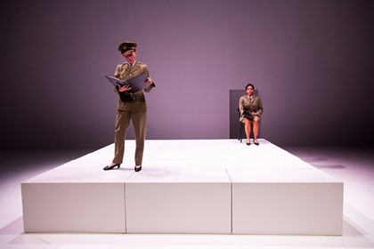 Production still for "Love and Information". L-R: Alison Whyte, Ursula Yovich. Photographer: Pia Johnson