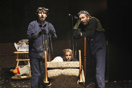 Production still for "Hard Rubbish". L-R: Phillip McInnes, Malia Walsh, Hamish Fletcher. Photographer: Jeff Busby